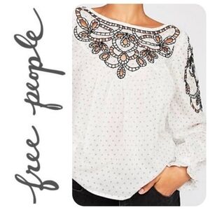 Free People White and Black Embroidered Blouse